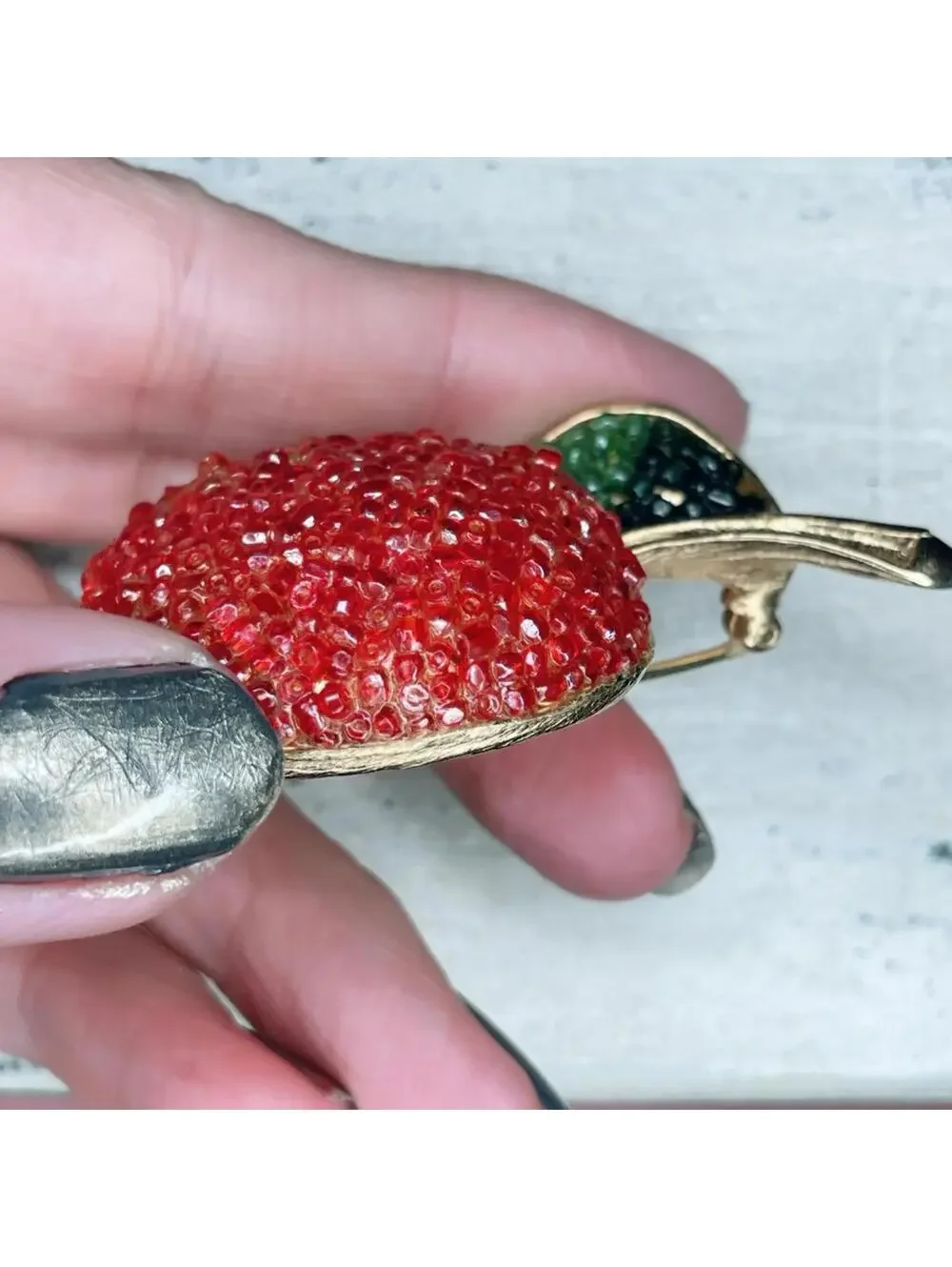285. Vintage Glass Seed Beads Fruit Teacher’s Gift Red Beaded Apple Brooch